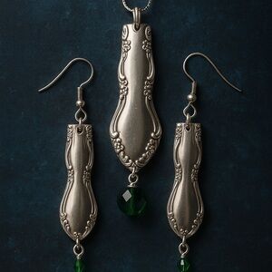 Artisan Silver emerald crystal Earrings necklace set spoon jewelry